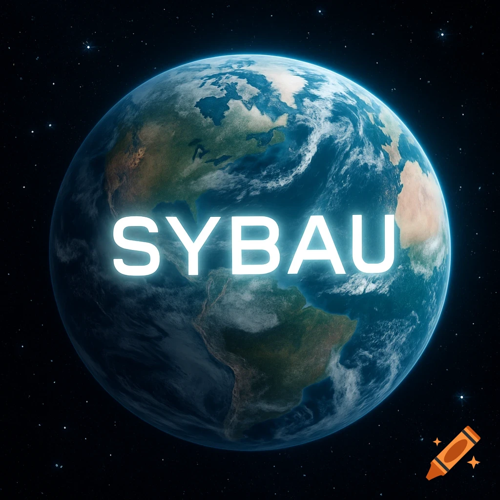 A glowing white text "SYBAU" floats in front of a photorealistic Earth seen from space.