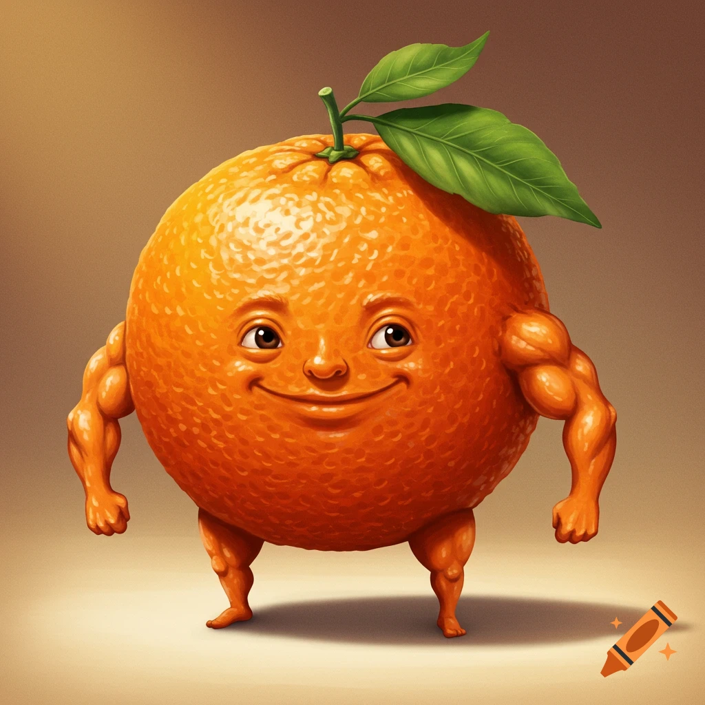 A cartoon orange with a smiling human face, muscular arms, and legs stands on a light brown background.