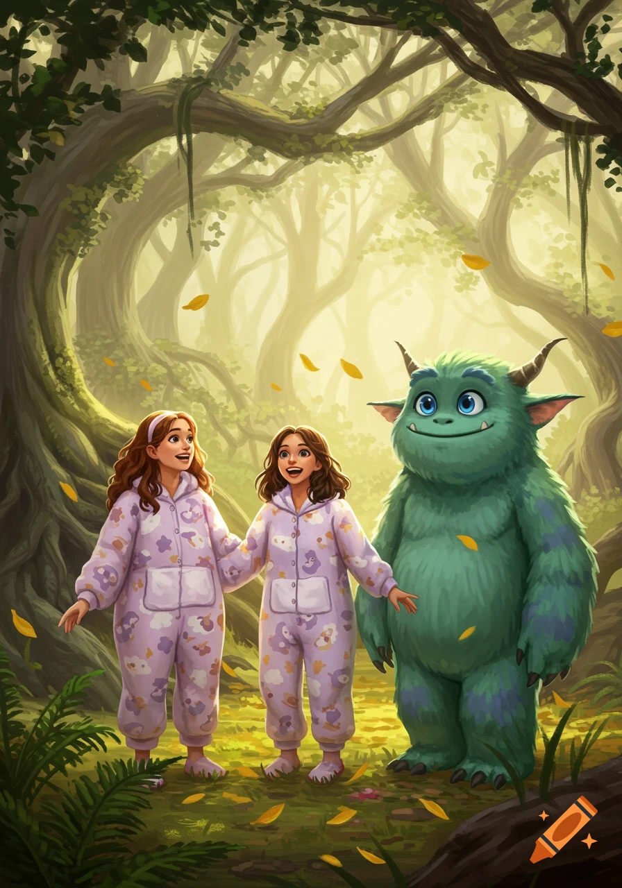 Two girls in purple pajamas and a big green monster stand smiling in a whimsical forest with falling yellow leaves.