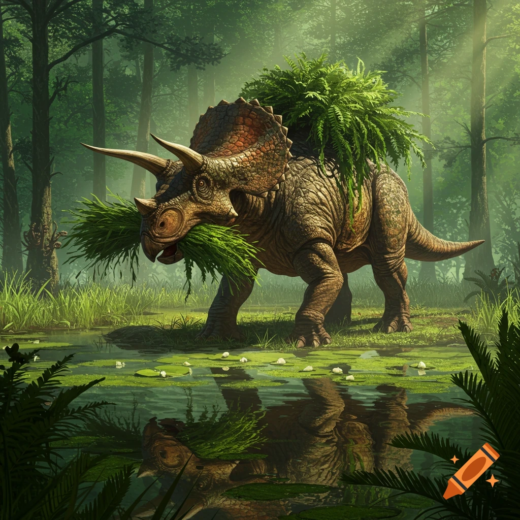 A Triceratops with green foliage in its mouth and on its back stands in a shallow pond in a misty, lush prehistoric forest.