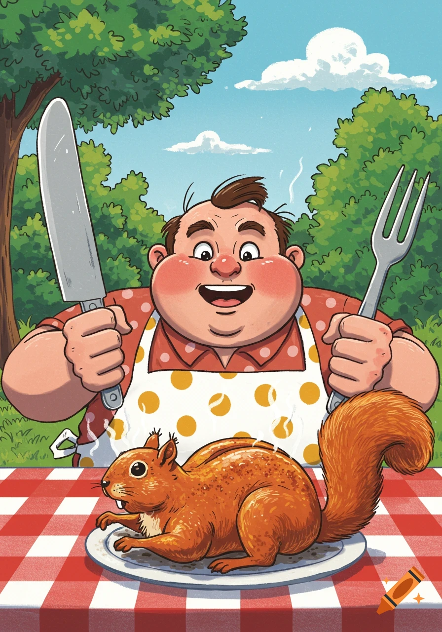 A cartoon man in an apron holds a knife and fork, ready to eat a roasted squirrel on a plate at a picnic table outdoors.