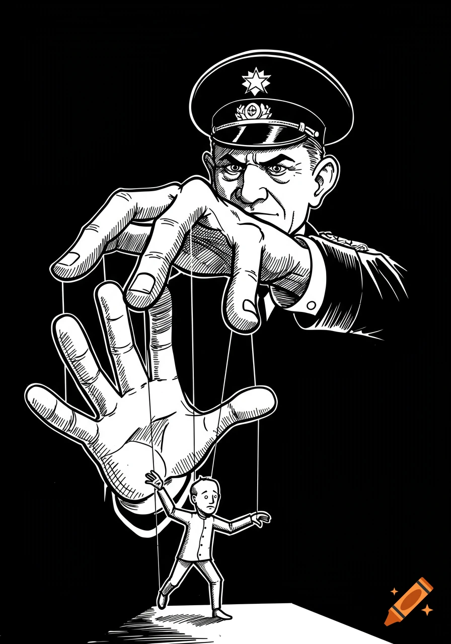 Black and white political caricature of a man in uniform acting as a puppeteer, controlling a small person with strings.