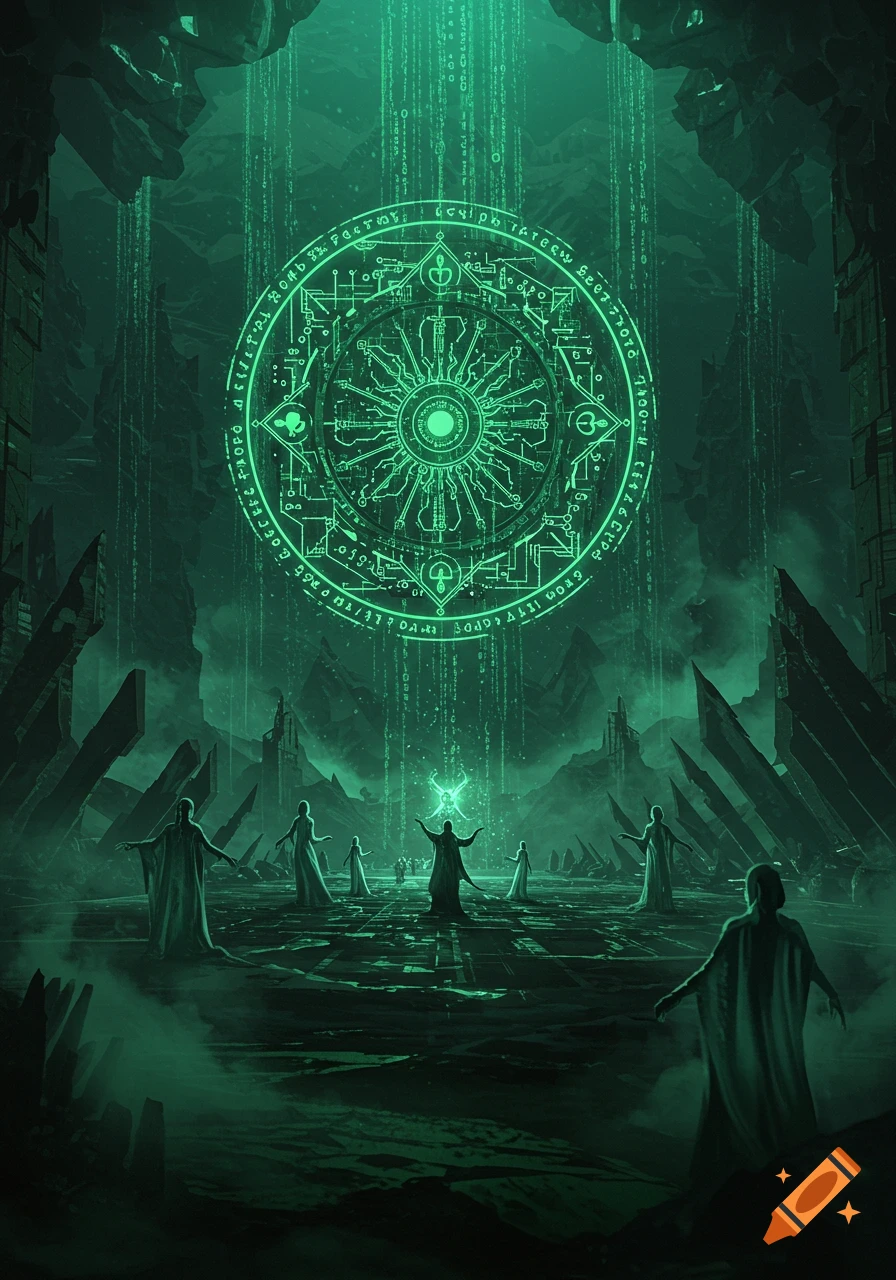 Dark fantasy scene with robed figures performing a ritual around a large glowing green cybernetic sigil emitting code, in a desolate landscape.