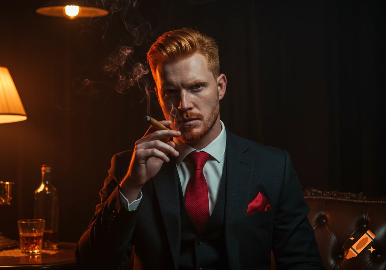 A serious-looking red-haired man in a suit and red tie smokes a cigar in a dimly lit room.