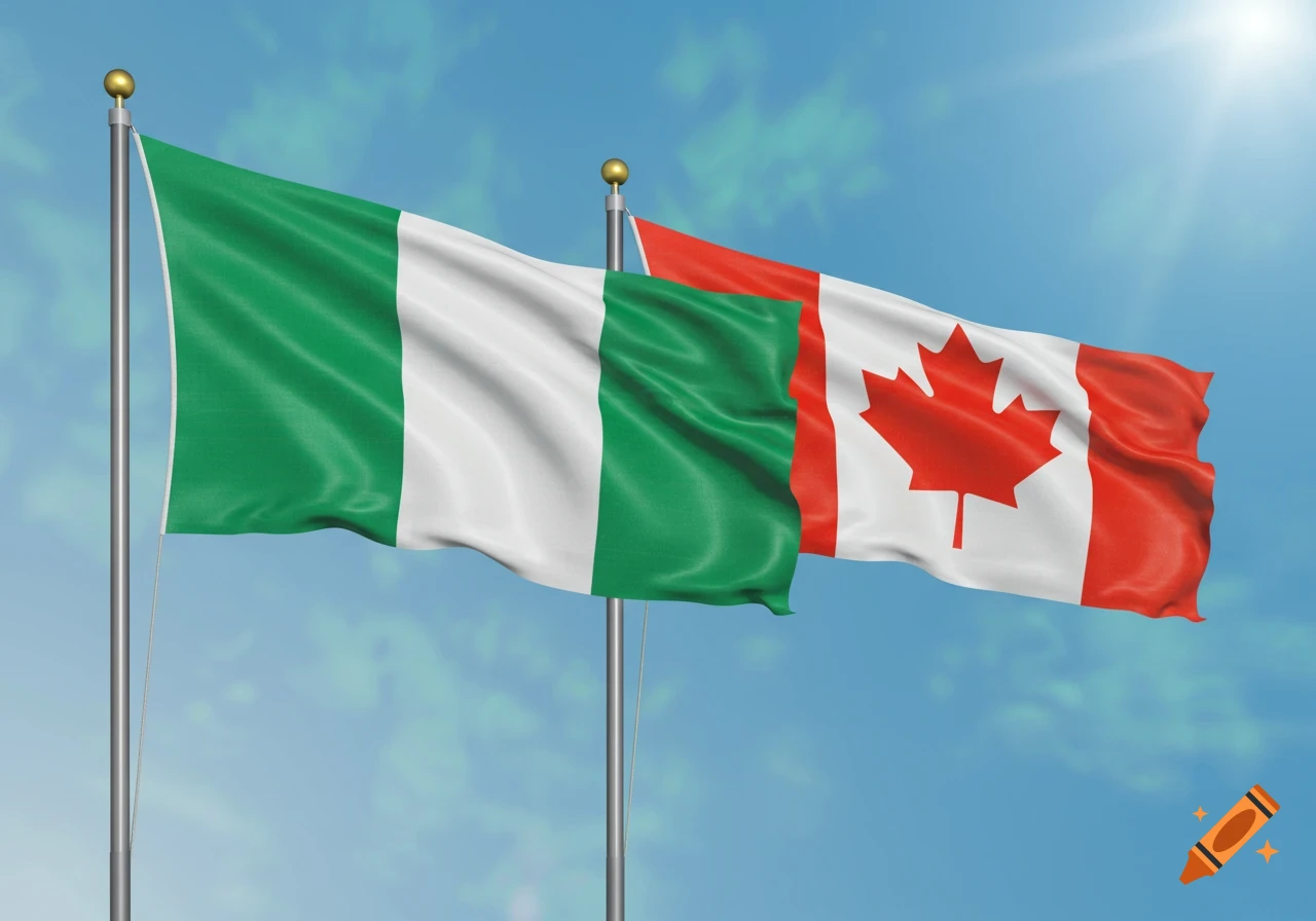 Flags of Nigeria and Canada waving side by side against a blue sky.