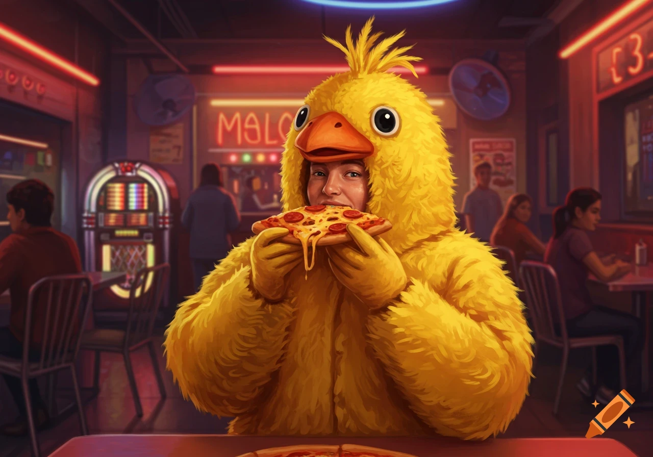 A person in a fluffy yellow chicken suit happily eats a slice of pepperoni pizza in a dimly lit diner with neon signs.