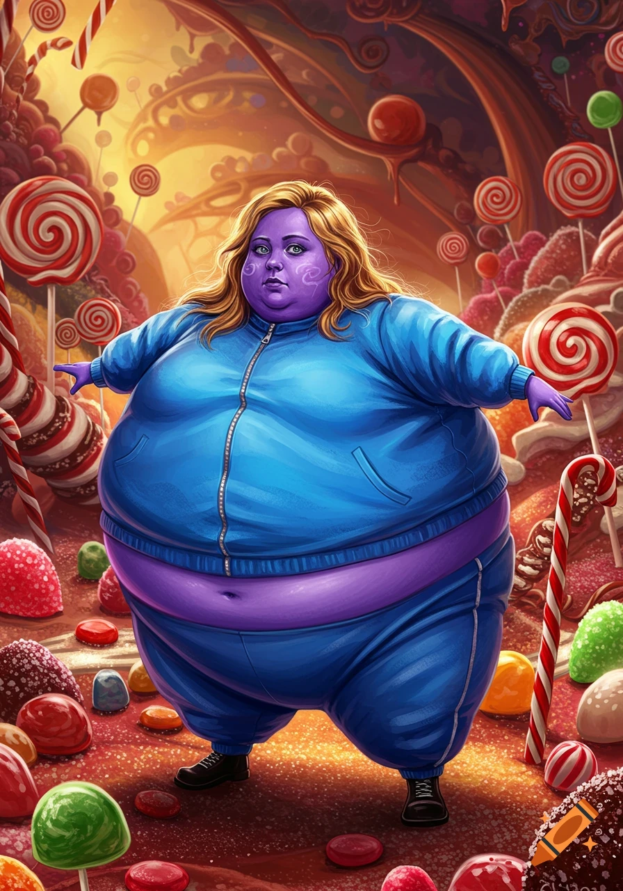 An illustrated obese woman with purple skin and blond hair, dressed in a blue tracksuit, standing in a vibrant candy land filled with lollipops and sweets.