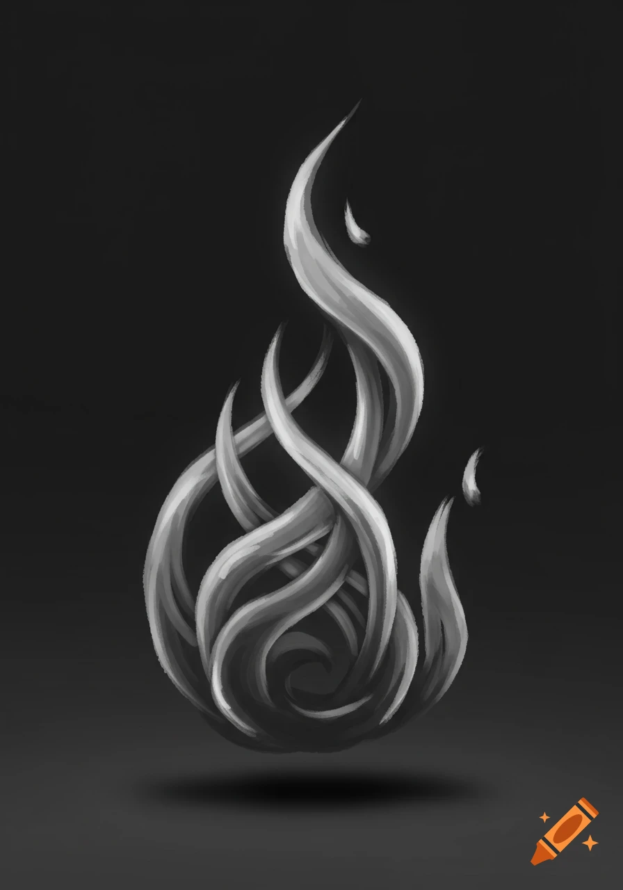 A monochromatic, hand-painted abstract depiction of a flame, swirling on a dark background.