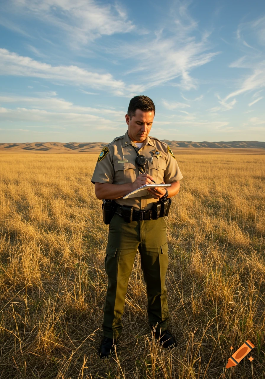 A photorealistic image of a sheriff deputy standing in a dry grassy field, writing on a notepad under a clear sky.