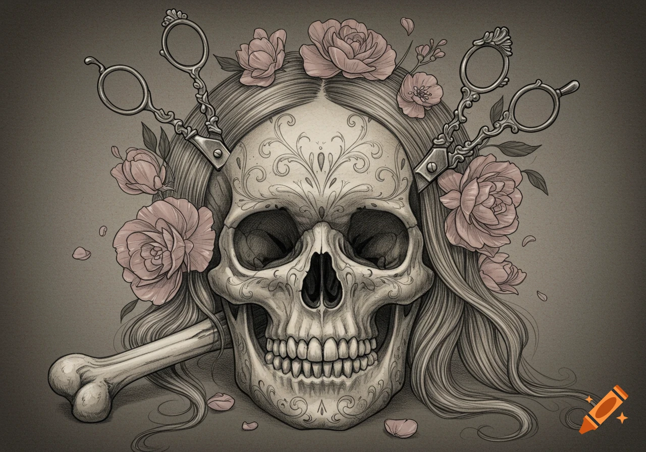 A detailed pencil drawing of a skull with long hair, adorned with pink roses and antique hairdressing scissors, and a bone.