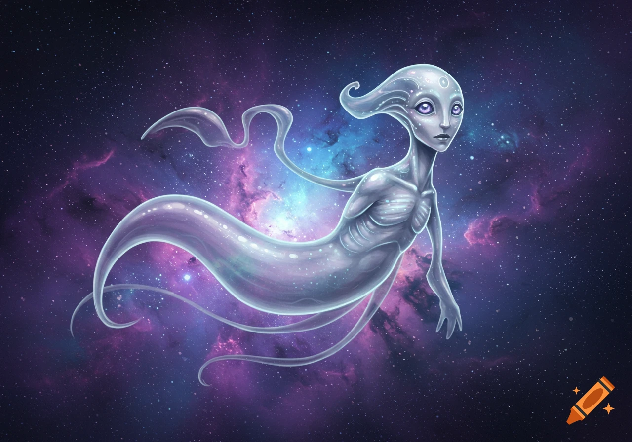 A translucent, ethereal alien creature with large eyes floats in deep space among purple and blue nebulas.