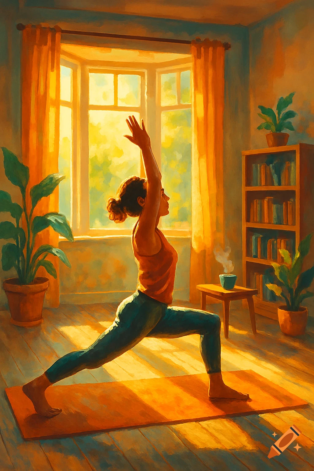 Woman in orange and green doing yoga on a mat in a sunlit room, painted in a vibrant impressionistic style.