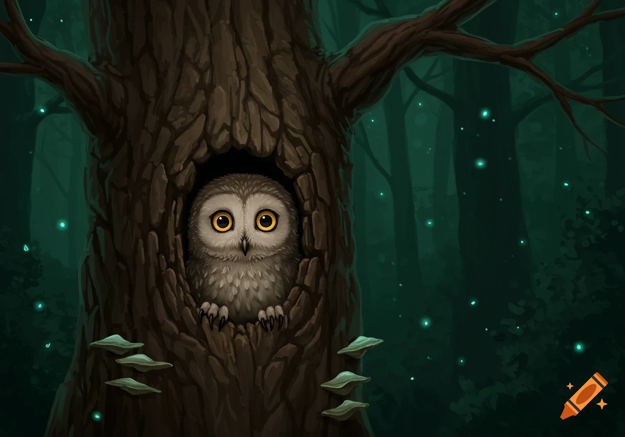 A wide-eyed, scared-looking cartoon owl peeking out from a dark hole in a large tree trunk, surrounded by a dark, mystical forest with glowing fireflies.