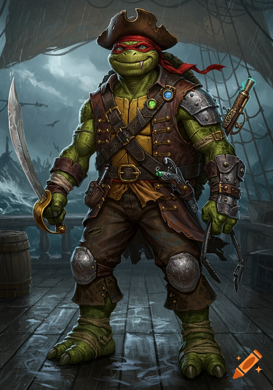 A green mutant turtle pirate in a tricorne hat and red bandana, holding a sword and grappling hook on a stormy ship deck, stylized art.