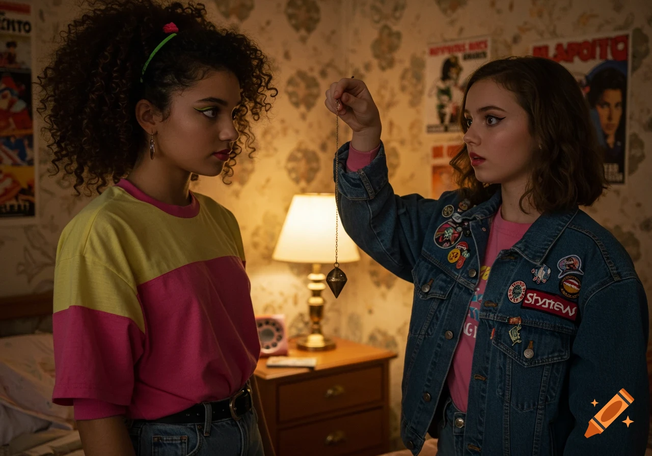 Two teenage girls in 80s fashion, one holds a pendulum in front of the other in a bedroom.
