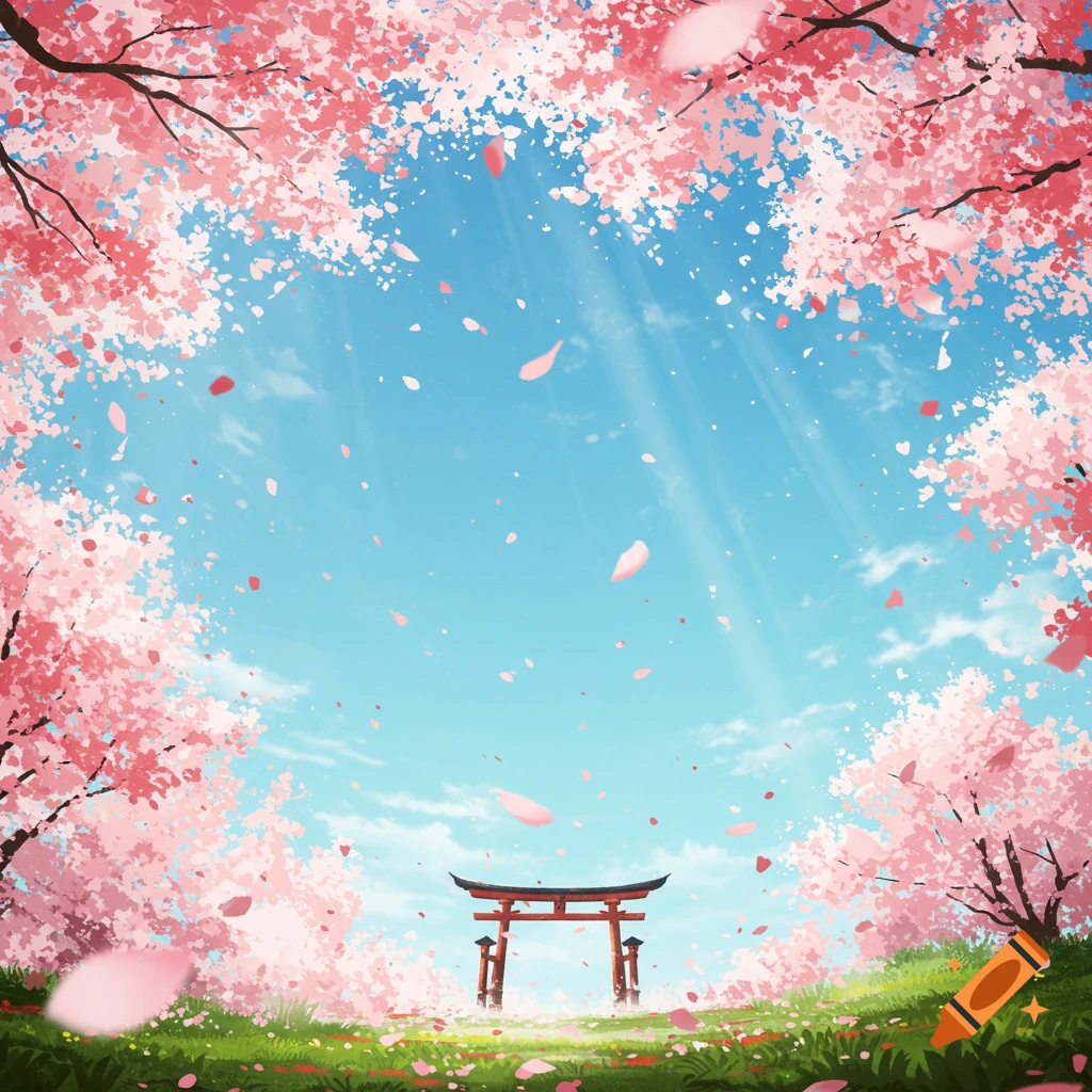 Vibrant anime-style landscape with pink cherry blossoms, falling petals, a blue sky with sun rays, and a red torii gate on a grassy hill.