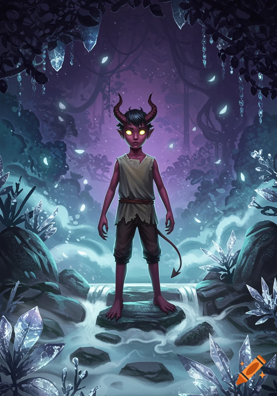 A small red-skinned demon with horns and glowing eyes stands on rocks in a mystical purple forest with a waterfall and glowing crystals.