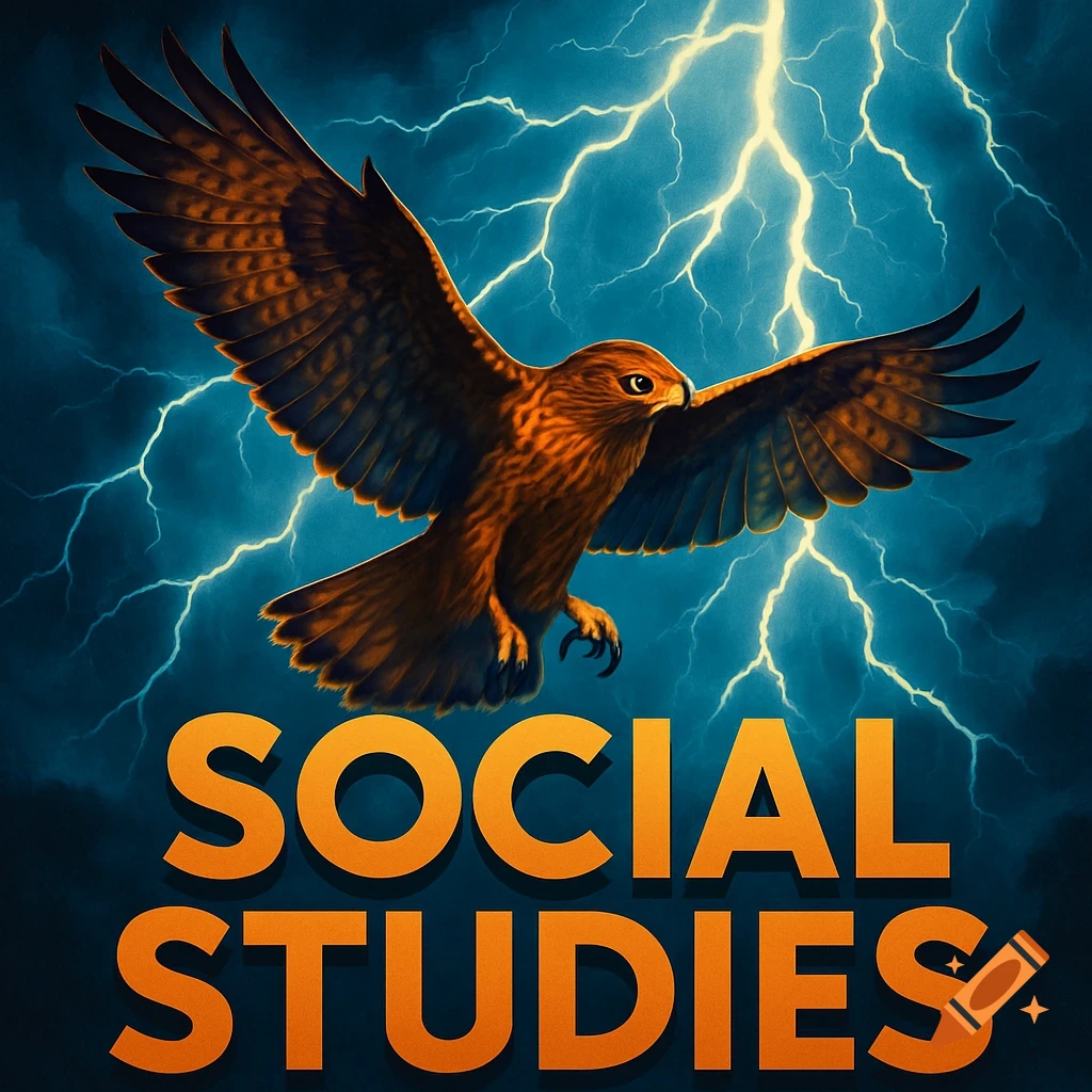 A brown hawk with outstretched wings flies through a dark, stormy sky with bright yellow lightning. The words 'SOCIAL STUDIES' are in orange at the bottom.