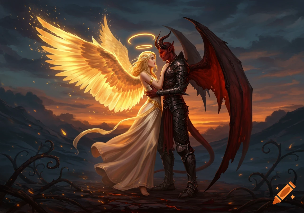 An angel with golden wings and a demon with red wings embrace under a dramatic sunset sky.