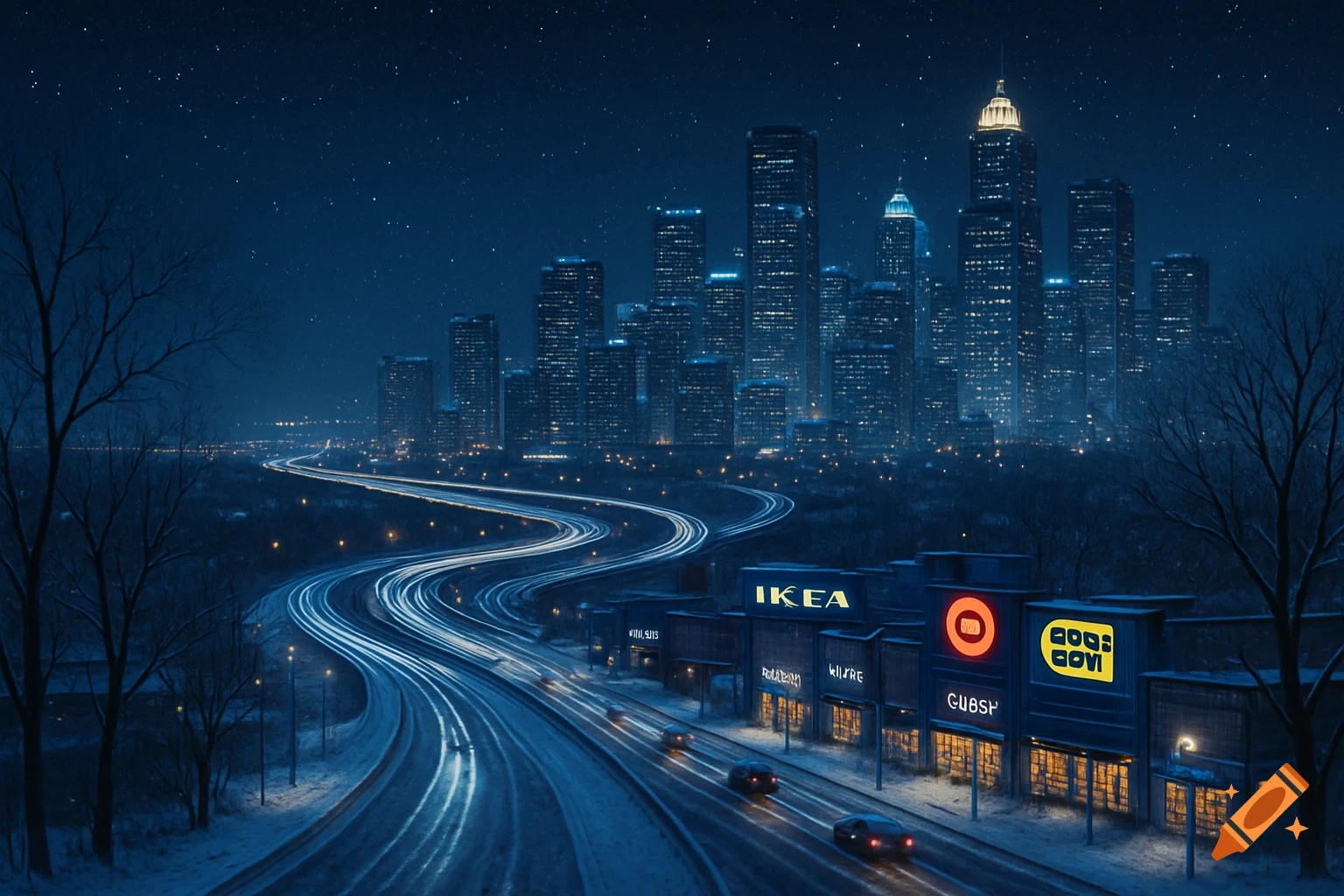 A nighttime photorealistic cityscape with a winding highway, leafless trees, and snow-covered ground, lined with illuminated shops including an Ikea, under a starry sky.