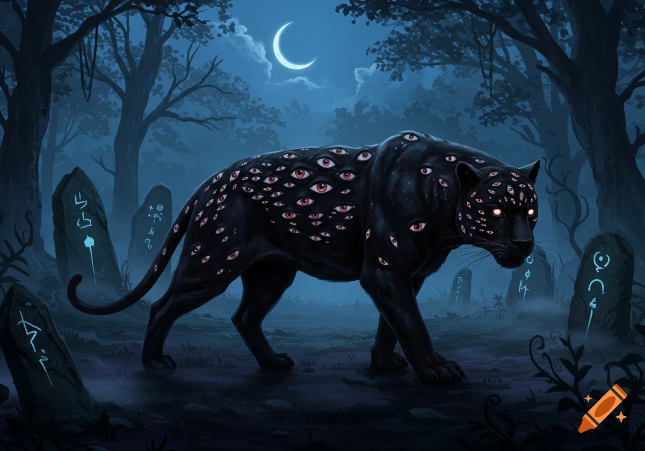 A black panther-like creature covered in glowing red eyes stands in a dark, moonlit forest with ancient glowing runic stones.