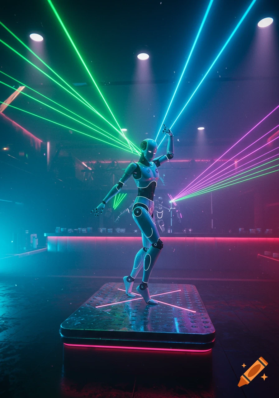 A robot dancing on a platform in a futuristic nightclub with bright green and pink laser lights.