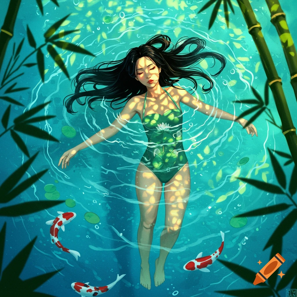 A woman with long black hair floats peacefully on her back in clear turquoise water, surrounded by bamboo and three koi fish. Sunlight dapples the water and her green lily pad swimsuit. Illustrated style.