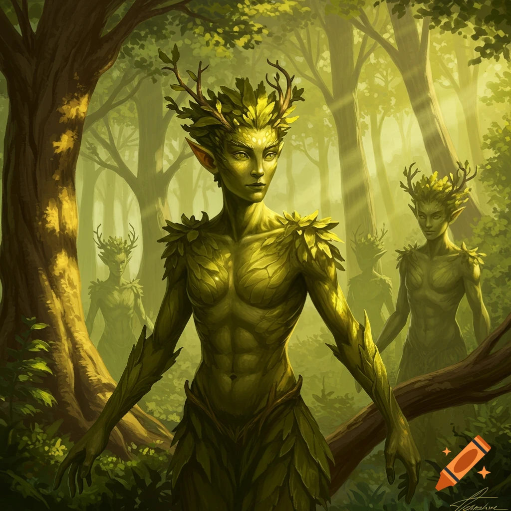Digital painting of green, leafy forest elves with branch-like antlers standing in a sunlit forest.
