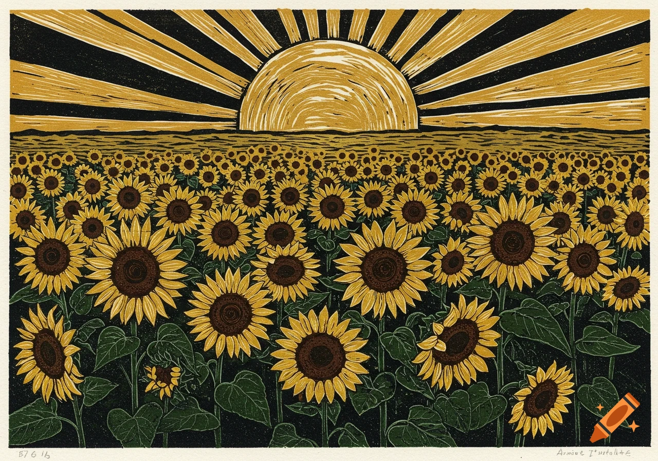 A linocut artwork showing a vibrant field of sunflowers under a bright, radiating sun.