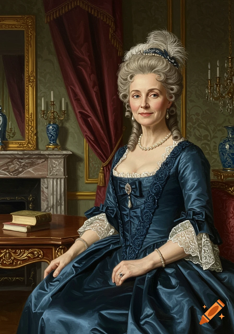 Oil painting of a noblewoman in an elaborate blue dress and powdered wig, seated in a formal 1800s interior.