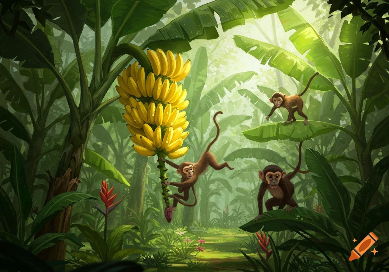 Three cartoonish monkeys in a bright, green jungle, with one reaching for a large bunch of yellow bananas on a tree.