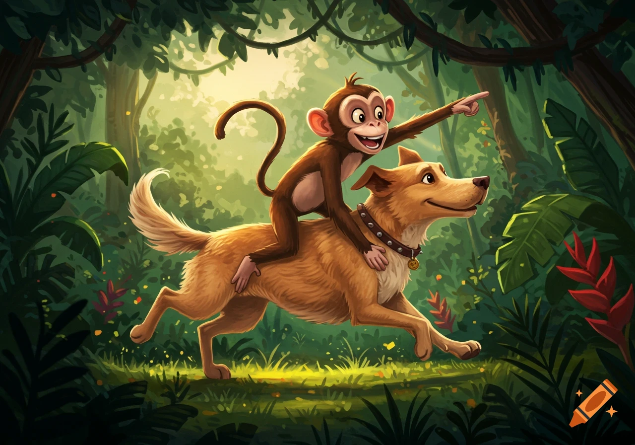 A cheerful cartoon monkey rides a happy brown dog through a sunlit, vibrant green jungle in an illustration style.