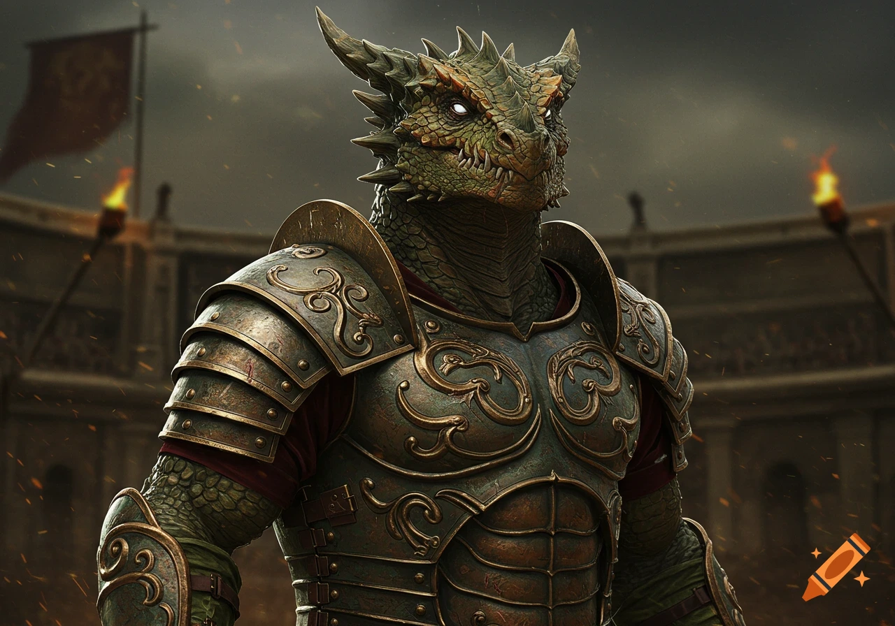 A muscular copper and olive colored dragonborn in Roman armor stares threateningly within an arena. Photorealistic.
