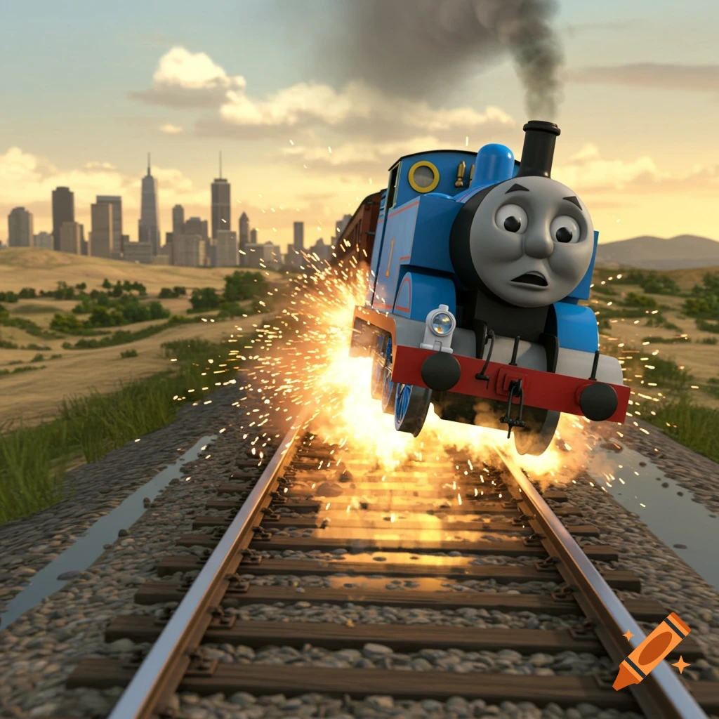 Thomas the Tank Engine derails on tracks, sparks flying, with a shocked expression, against a city skyline at sunset in CGI style.