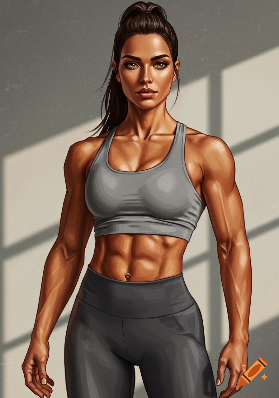 An athletic woman with dark hair in a high ponytail, wearing a gray sports bra and leggings, stands confidently.