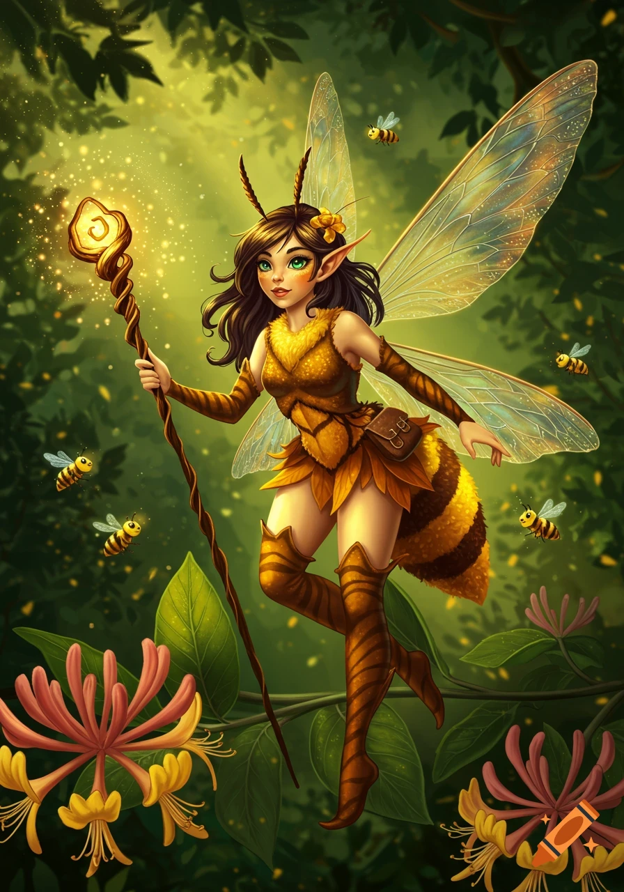 A fantasy illustration of a bee fairy witch with a glowing staff and iridescent wings standing in a lush green forest with bees.