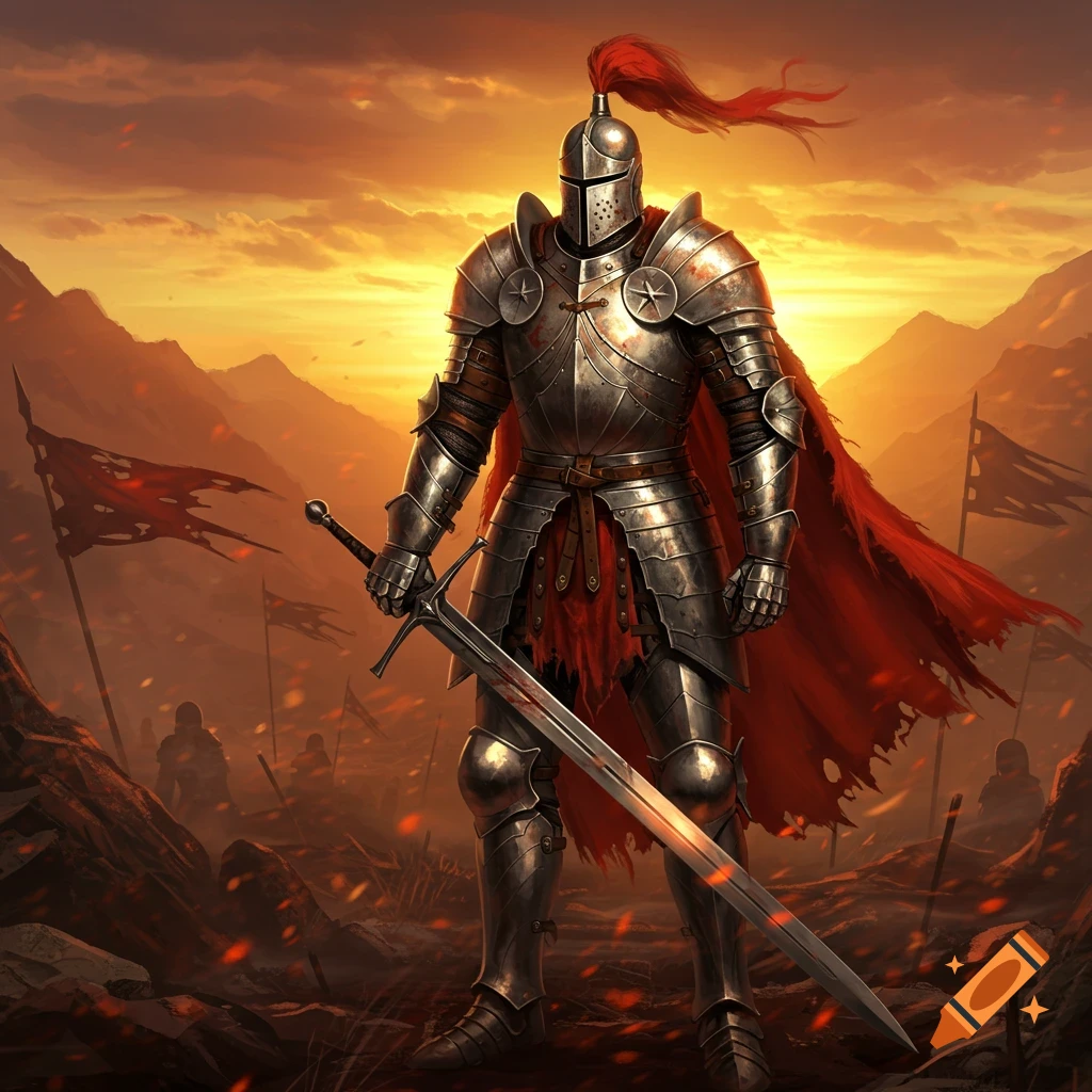 A knight in shining armor with a red cape, holding a sword, stands on a battlefield at sunset with mountains in the background.