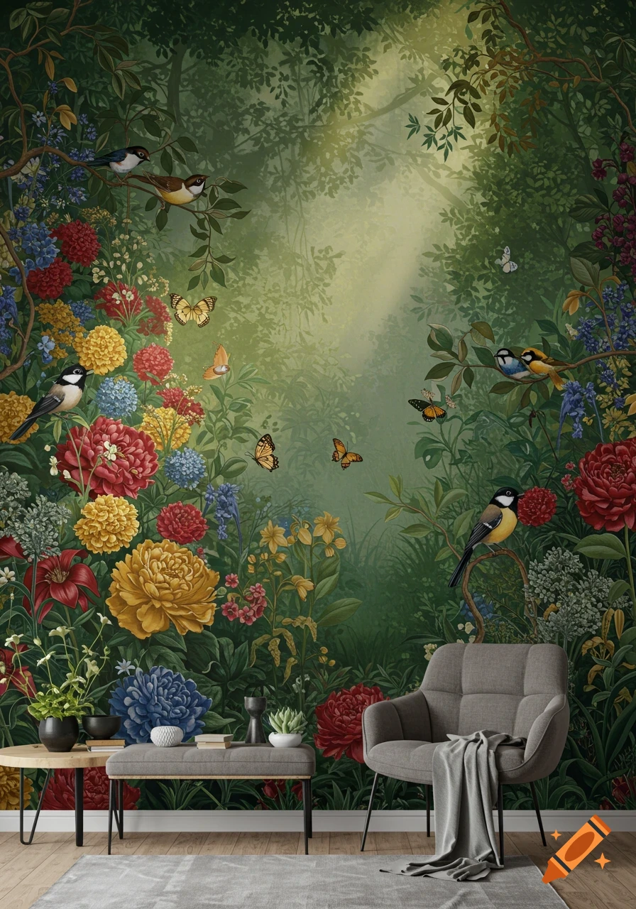 A wall mural of a lush forest with colorful flowers, birds, and butterflies, in a room with a gray armchair and side table.