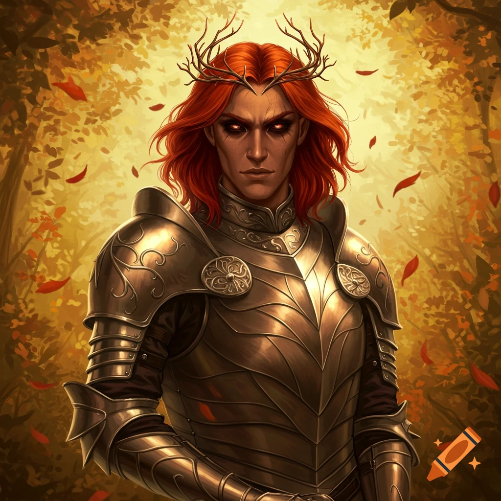 A stern-faced fantasy warrior with long red hair, glowing red eyes, and a twig crown wears intricate golden armor in a golden autumn forest.