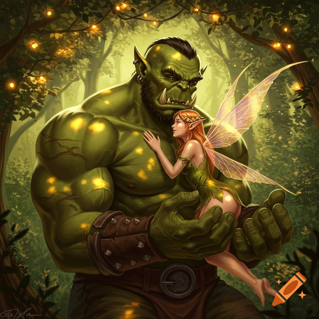 A massive green orc gently cradles a tiny, red-haired fairy with luminous wings in a magical, lamp-lit forest. Digital art.