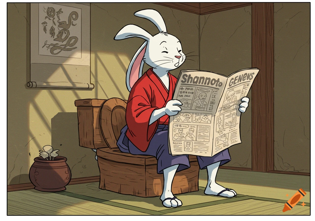 A cartoon samurai rabbit in a red robe sits on a wooden toilet, reading a newspaper. A scroll hangs on the wall, and a potted plant sits nearby.