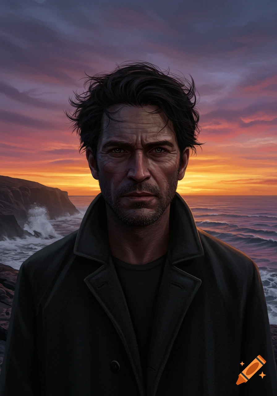 A man with dark hair and a beard stands by a dramatic, wavy sea and cliffs under a vibrant sunset sky.