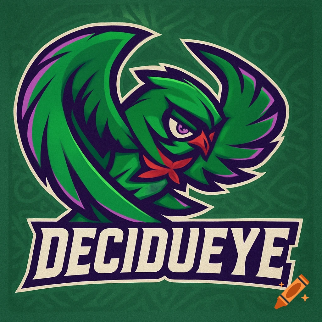 A stylized sports team logo featuring a green owl-like Pokémon, Decidueye, with purple and red accents, and the word DECIDUEYE below.