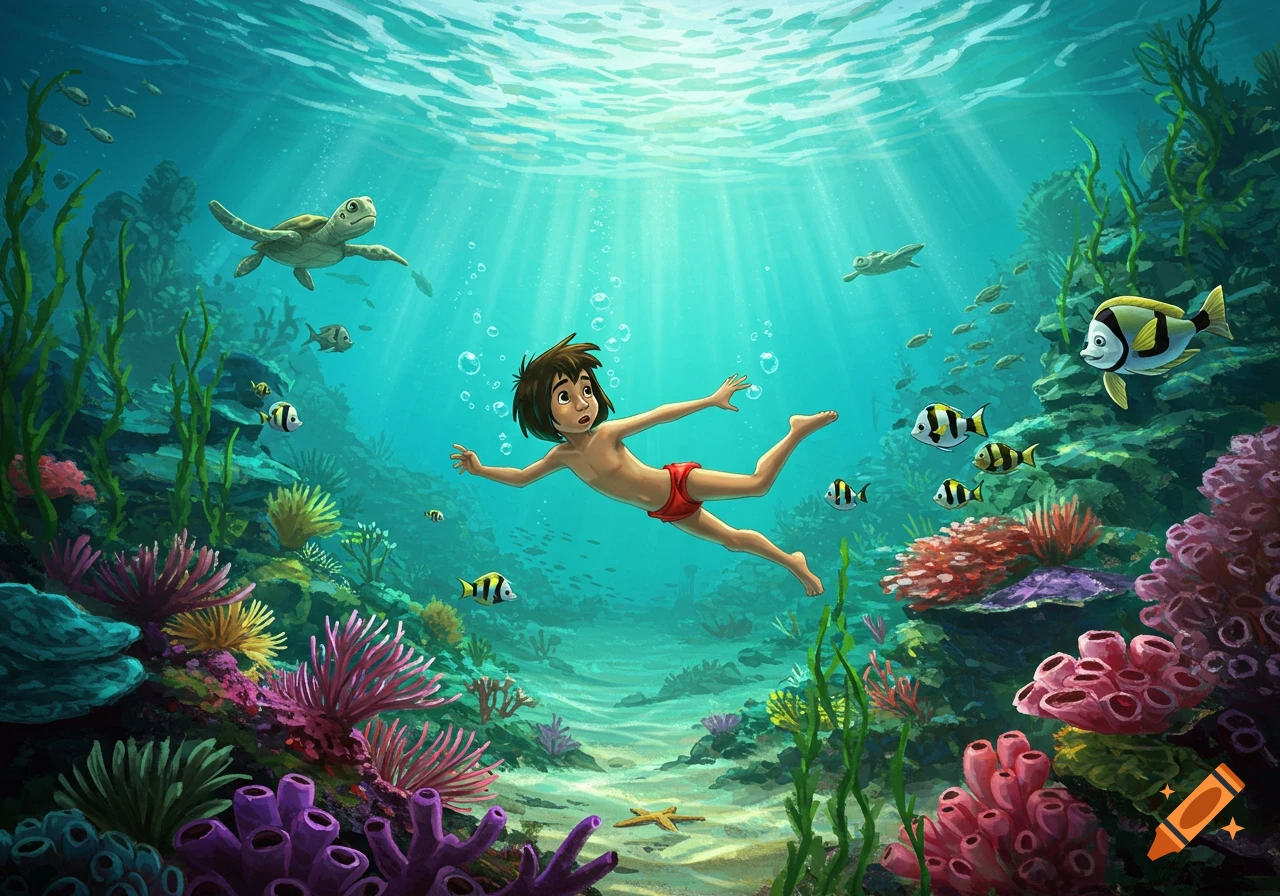 A cartoon boy with dark hair and a red loincloth swims underwater among colorful coral, tropical fish, and a sea turtle, with light rays filtering from the surface.