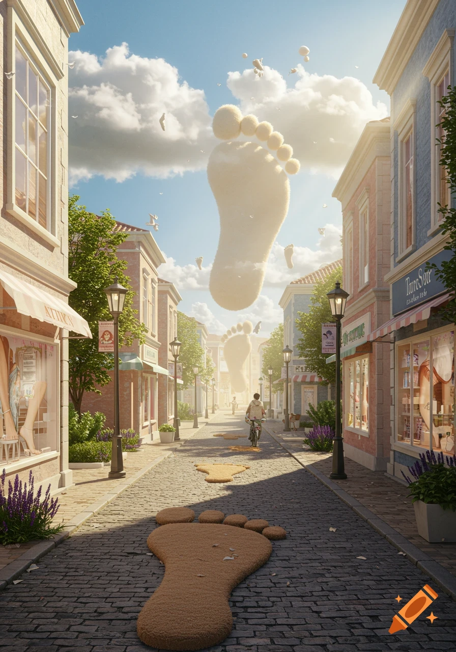 A surreal street scene with giant fluffy foot-shaped clouds floating in the sky above a cobblestone street. Large foot-shaped rugs lie on the street, and a person rides a bicycle past buildings.