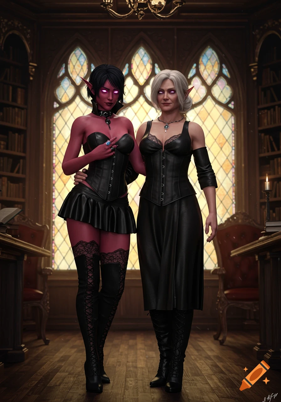 Two women, one with red skin and black hair, the other with grey hair, both with pointed ears, in black leather corsets and boots, standing in a grand library.