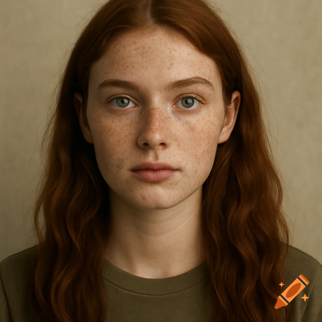 A photorealistic close-up portrait of a young woman with reddish-brown wavy hair and freckles, looking directly at the viewer.