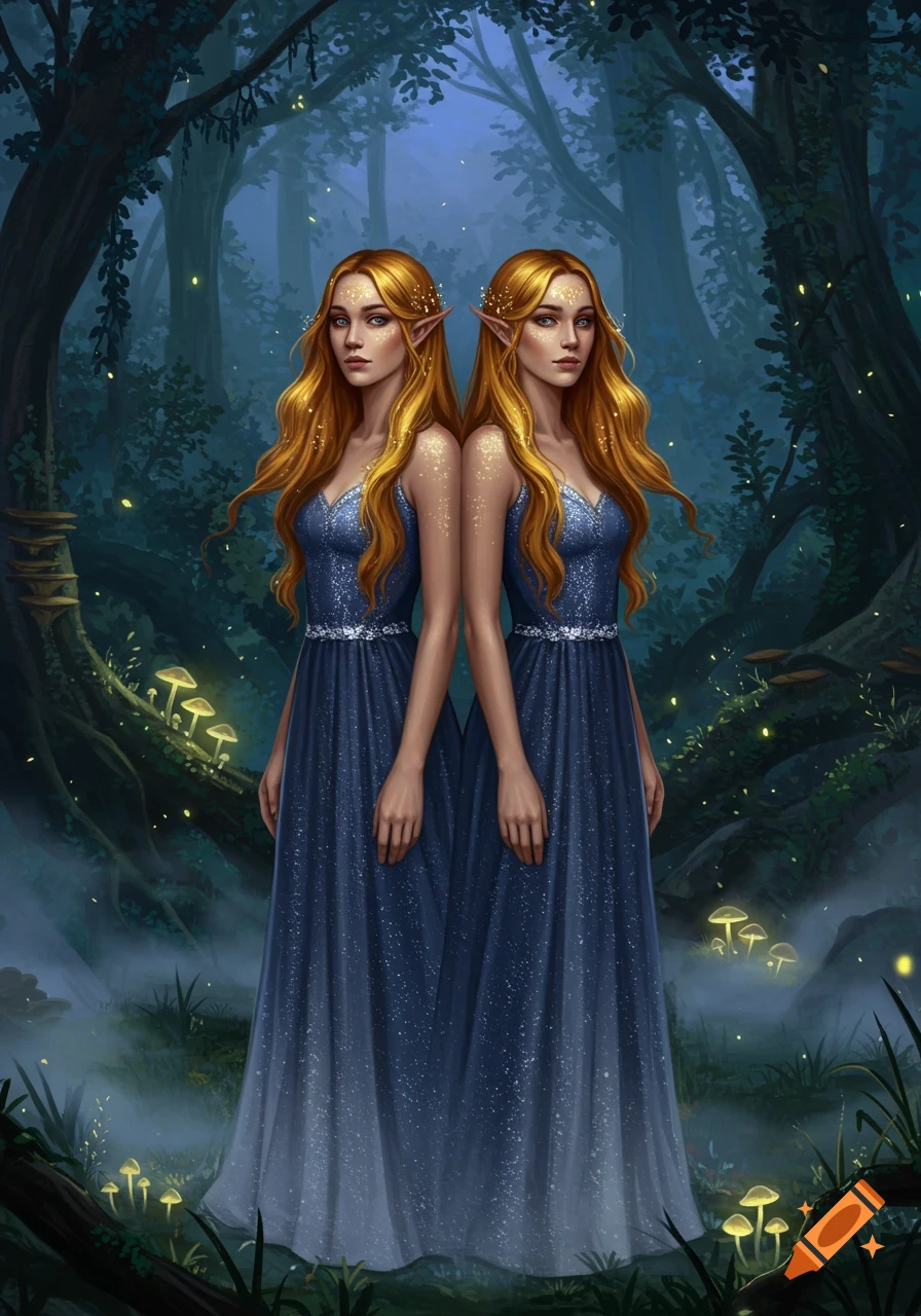Two blonde female elves with pointed ears in sparkling blue dresses stand back-to-back in a magical forest with glowing mushrooms and fireflies.