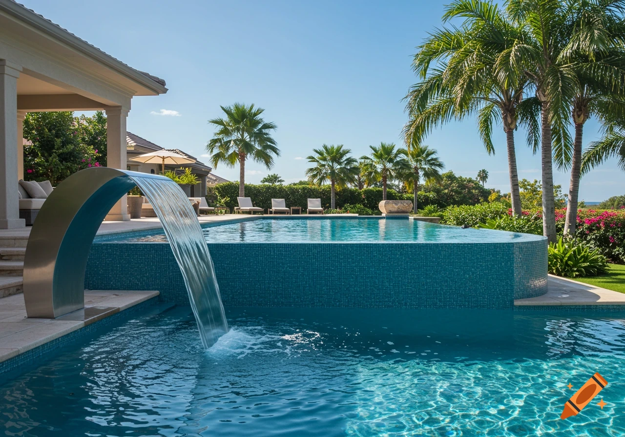 A modern backyard infinity pool with a waterfall feature cascading into a lower pool, surrounded by palm trees and lush landscaping under a clear blue sky.
