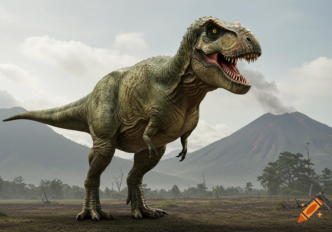 A photorealistic Tyrannosaurus Rex stands in a prehistoric landscape with a smoking volcano and mountains.